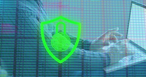Remote worker using laptop with green shield padlock overlay symbolizing cybersecurity and privacy