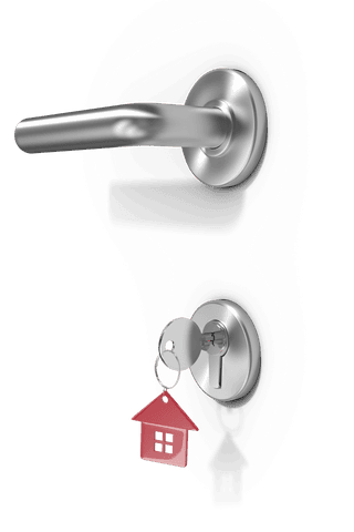 transparent metallic doorknob with red house keyring hanging in keyhole - Download Free Stock Videos Pikwizard.com