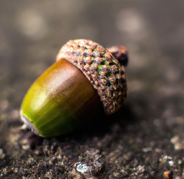 Close up of brown acorn laying on ground in forest. Acorn, nature and close up concept.