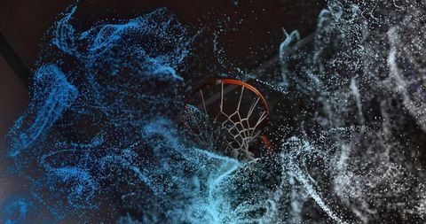 Futuristic basketball hoop with digital swirling particles