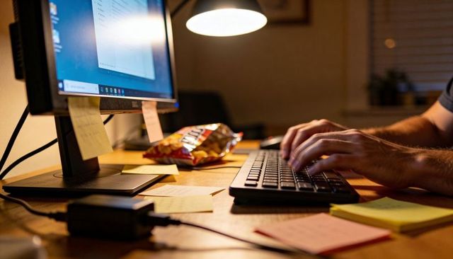Late-night home office showing male hands typing with monitor, sticky notes and snack