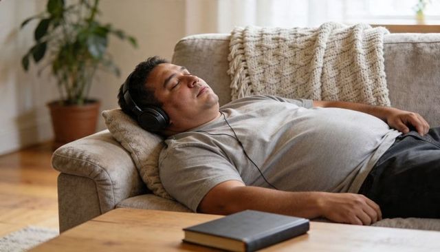 Relaxing man napping on couch with headphones in cozy sunlit living room enjoying weekend afternoon