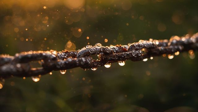 Rusted chain glowing with dew drops catching golden sunlight, macro bokeh texture