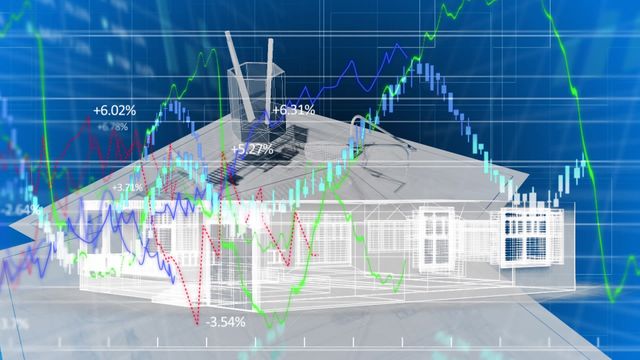 House blueprint features animated graphs and statistical data overlaying a 3D house model. Ideal for presentations on architectural design, real estate market analysis, engineering computer science, or construction industry reports. Visually engaging for illustrating complex data in a concise and interactive format.