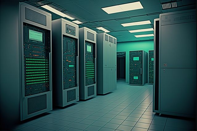 Image displays a modern data center with several server racks arranged in an orderly fashion. The room is illuminated with green LED lights, creating a futuristic ambiance. Ideal for use in articles about IT infrastructure, cybersecurity, technology advancements, and data management solutions.