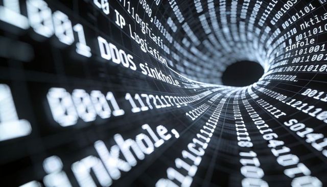 Swirling digital vortex pulling binary into dark sinkhole for ddos cybersecurity concept
