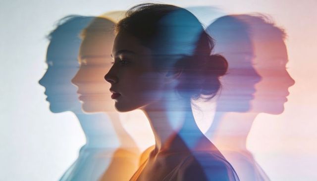 Female profile silhouette showing double-exposure layers, duotone gradient and low bun
