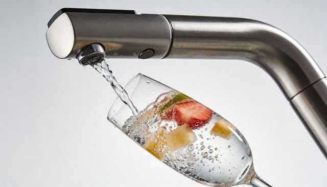 Stainless faucet pouring sparkling water into tilted wine glass with fruit and bubbles