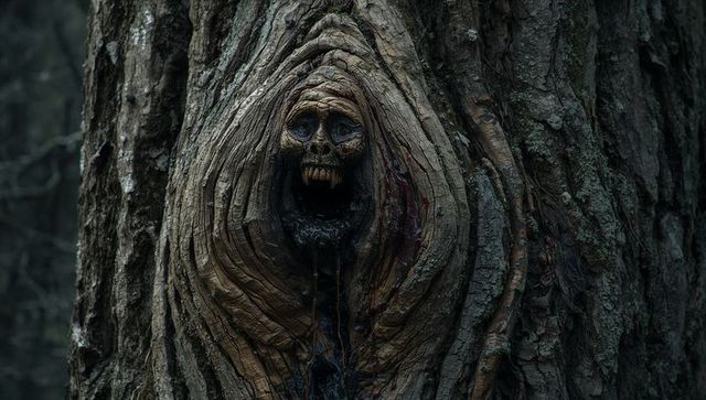 Revealing skulllike face emerging from tree knothole with dark sap and haunted bark