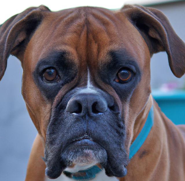 Captures a close-up view of a brown Boxer dog with a serious expression, wearing a blue collar. This image can be used in marketing to convey messages of loyalty, focus, and strength. Ideal for pet care brands, vet clinics, animal welfare campaigns, and dog training manuals.