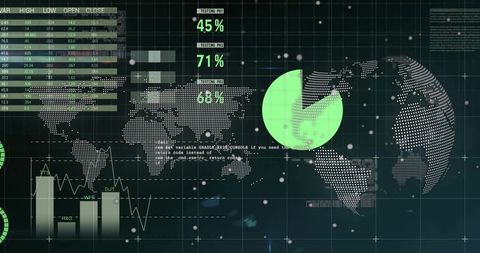 Global Data Dashboard Displaying Analytics with Green Pie Chart and Dotted Globe