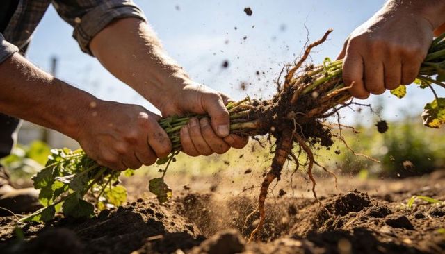 Hands pulling root vegetable from sunlit field, close-up harvesting action