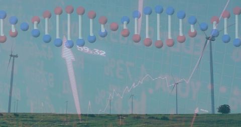 Wind farm with molecular models and market overlays showing renewable energy investment