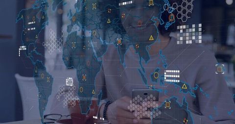 Professional tapping smartphone with holographic global network overlay for corporate tech