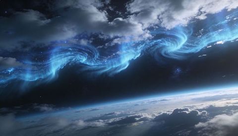 Glowing blue auroral ribbon flowing above curved earth horizon nebula and stars