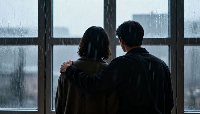 Couple embracing at rain-streaked window, urban moody backview showing intimacy