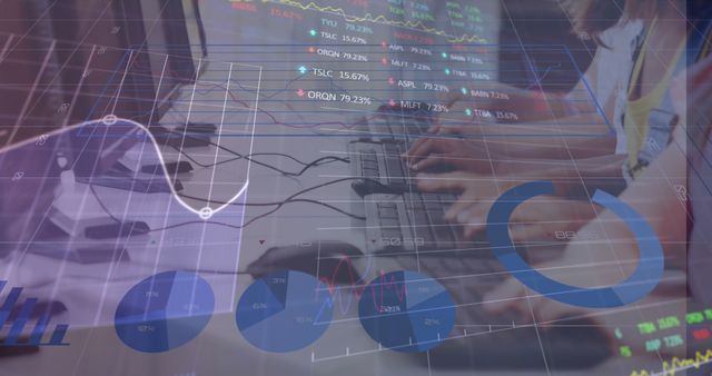 Hands typing on laptop keyboard with multiple financial graphs and data charts overlaid, representing digital financial analysis and data visualization in business. Suitable for illustrating topics in finance, stock market trends, economic analysis, investment strategies, and financial technology.