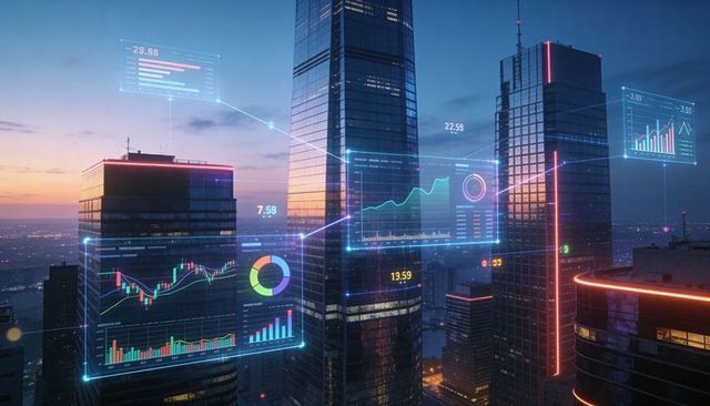Futuristic financial dashboard overlaying city skyline at dusk with holographic data