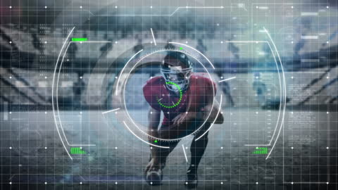 Futuristic Football Player with Digital Overlay on Field