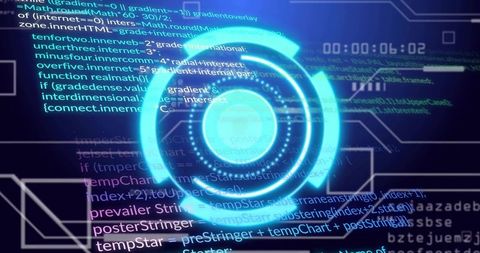 Futuristic holographic interface with code overlay and flowchart elements