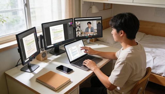Asian man working at home on multi-monitor setup reviewing documents on video call
