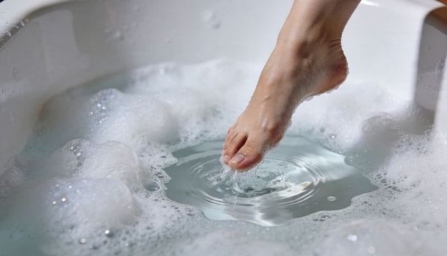 Dipping barefoot into bubbly bathtub water closeup for relaxation spa beauty and self-care