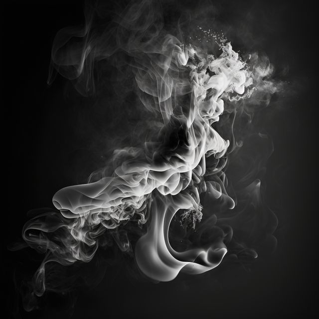 Ethereal white smoke swirls gracefully on a dark background. Ideal for designs on meditation, relaxation, or mystical themes. Useful for posters, background designs for websites, or illustrations for stories with fantasy or mysterious elements.
