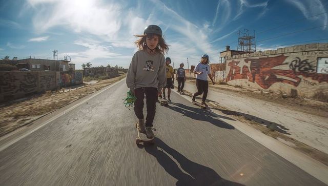 Lead skateboarder riding down graffiti-lined urban road with youth crew in helmets