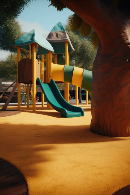 Empty playground featuring bright, colorful slides, and a large tree. Ideal for articles or promotions related to child safety, public parks, and outdoor activities. Could be used in banners, flyers, or websites advertising family-oriented recreational spaces or safety equipment.