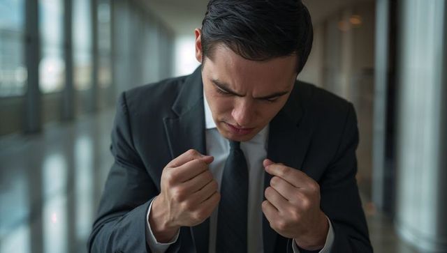 Frustrated businessman clenching fists and bowing head in moody corporate corridor