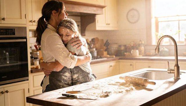 Sunlit farmhouse kitchen mother hugging daughter covered in flour after baking together