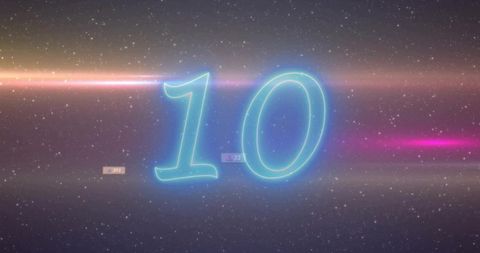 Glowing cyan numeral 10 floating in cosmic starfield with neon lens flares and UI badges