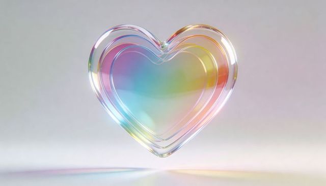 Iridescent Floating Glass Heart with Pastel Rainbow Refractions and Layered Translucent Look