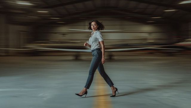Confident Woman in Motion Inside Aircraft Hangar