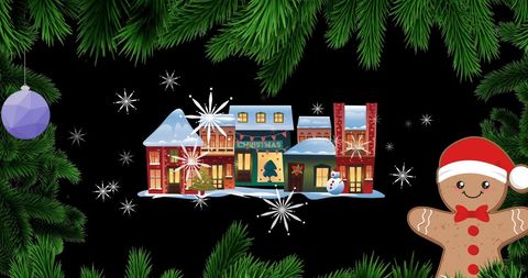 Festive gingerbread town below pine branches