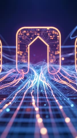 Neon House Icon Powering Network Hub, Streaming Data Across Glowing Grid, Pulsing Circuits