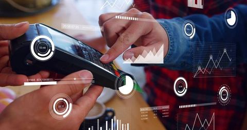 Processing contactless card payment at cafe with fintech analytics overlay