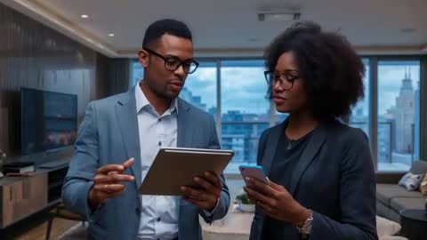 Two professionals collaborating on tablet and smartphone in modern office lounge