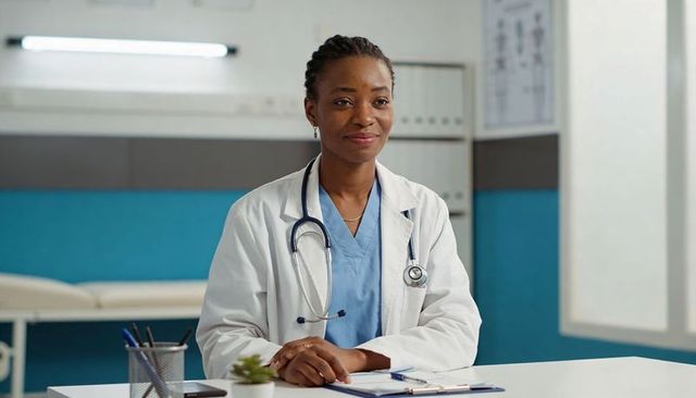 Female doctor sitting at clinic desk wearing lab coat and stethoscope, clinical professional