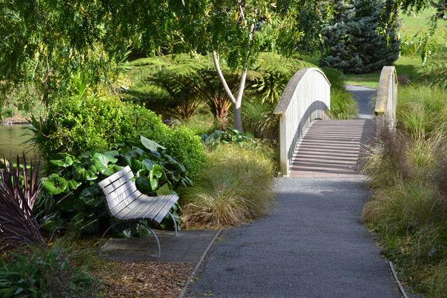 A scenic park pathway featuring a wooden bridge and a solitary bench amidst lush greenery. Perfect for concepts related to relaxation, tranquility, nature, and outdoor recreation. Suitable for use in articles, blogs, or websites focusing on mental health, leisure activities, travel destinations, or nature preservation.