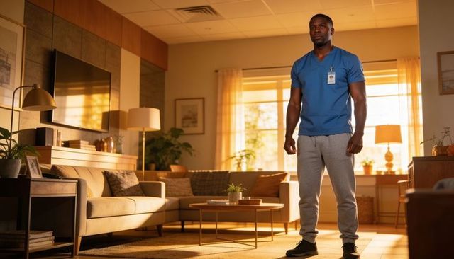 Standing healthcare worker wearing blue scrubs and id badge in cozy sunlit living room