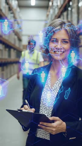 Warehouse Manager Reviewing Clipboard with 3D Logistics Network Overlay Vertical Video