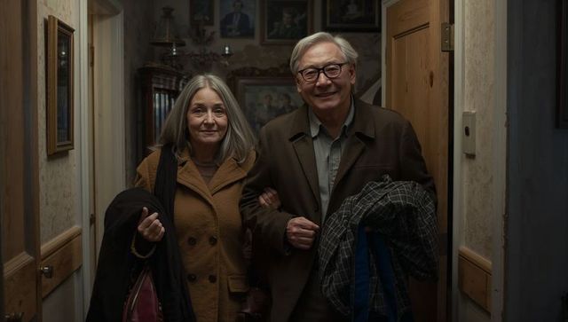 Senior couple entering cozy home holding coats and handbag, smiling together