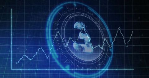 Ringed Futuristic HUD with Globe and Jagged Cyan Telemetry Graph on Digital Grid Interface