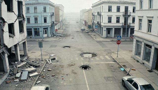 Desolate downtown crossroads showing cratered roadway, collapsed facades and urban rubble