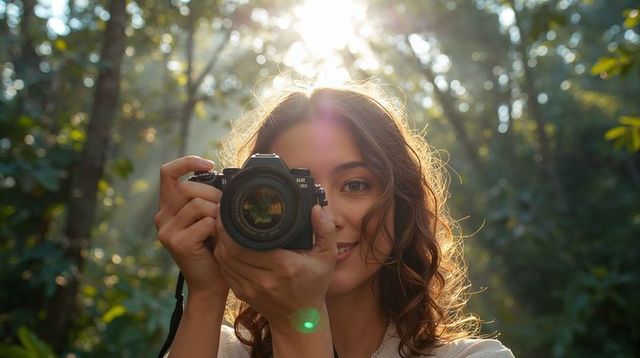 Curly-haired female photographer shooting dslr in sunlit forest with lens flare