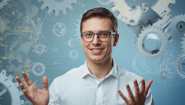 Engineer presenting virtual gears and circuitry, professional man wearing glasses smiling