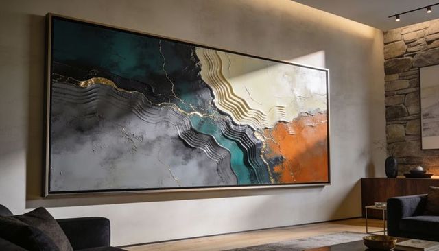 Large abstract wall art featuring sculptural texture, gold veins and warm ambient light