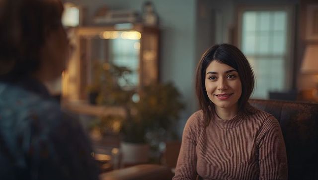 Woman Relaxing in Cozy Living Room with Warm Lighting