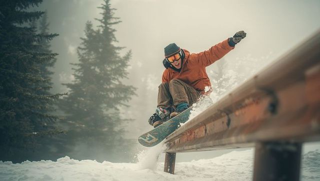 Snowboarder grinding rail in energetic winter scene
